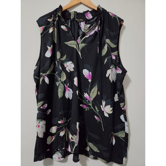 always indigo Tops - Always Indigo Women 3X Black Floral Ruffle Neck Sleeveless Blouse XMTK2101-WLDBY